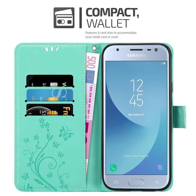 Cadorabo Hülle kompatibel mit Samsung Galaxy J3 2017 Schutzhülle im Blumen Design mit Magnetverschluss, Standfunktion und Kartenfächern