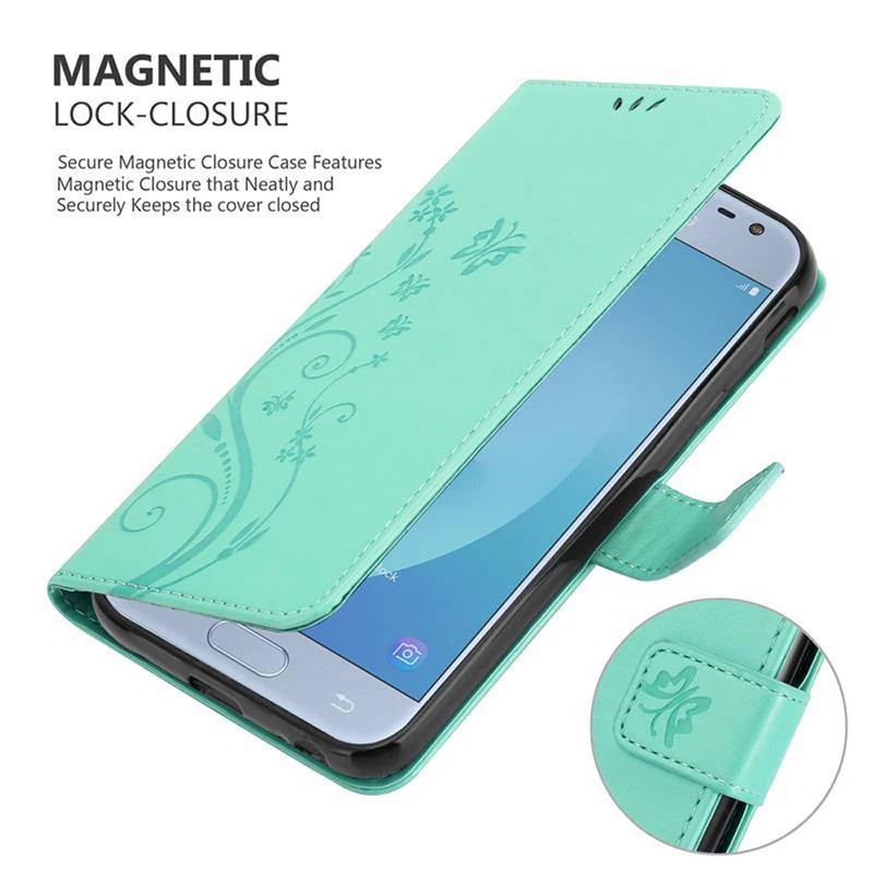 Cadorabo Hülle kompatibel mit Samsung Galaxy J3 2017 Schutzhülle im Blumen Design mit Magnetverschluss, Standfunktion und Kartenfächern