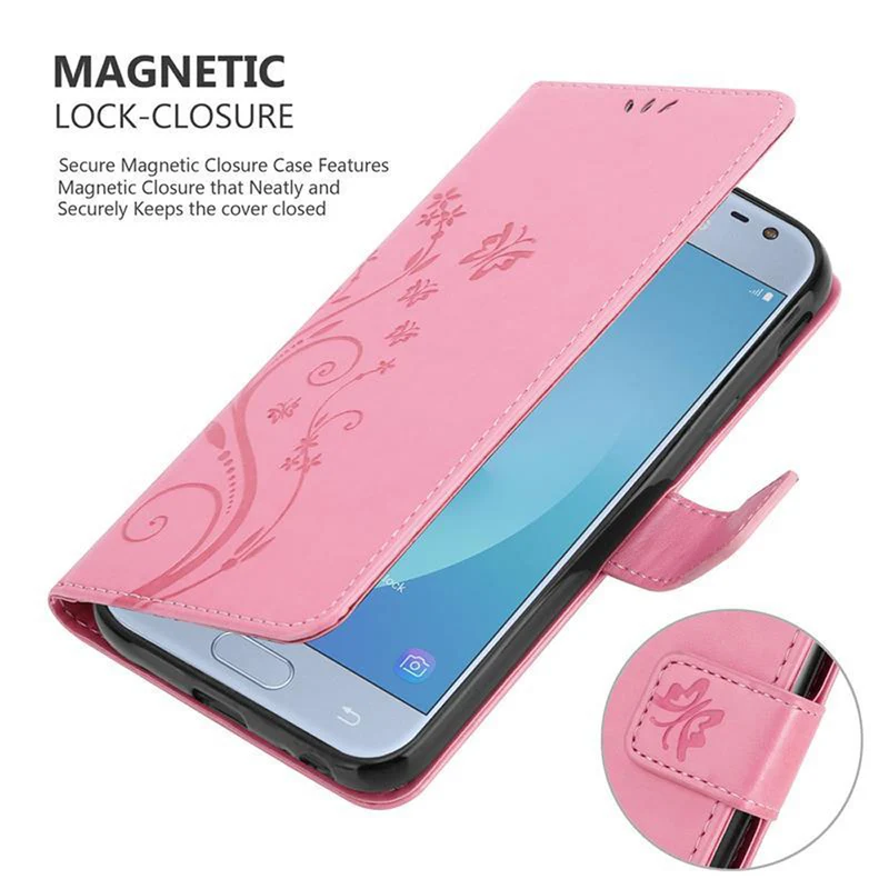 Cadorabo Hülle kompatibel mit Samsung Galaxy J3 2017 Schutzhülle im Blumen Design mit Magnetverschluss, Standfunktion und Kartenfächern