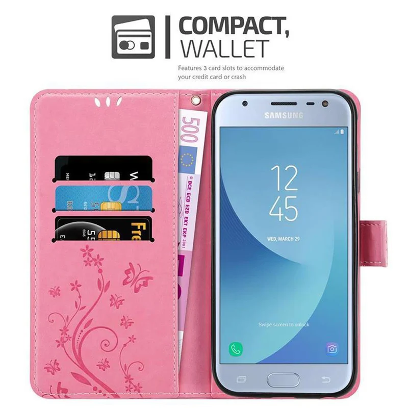 Cadorabo Hülle kompatibel mit Samsung Galaxy J3 2017 Schutzhülle im Blumen Design mit Magnetverschluss, Standfunktion und Kartenfächern