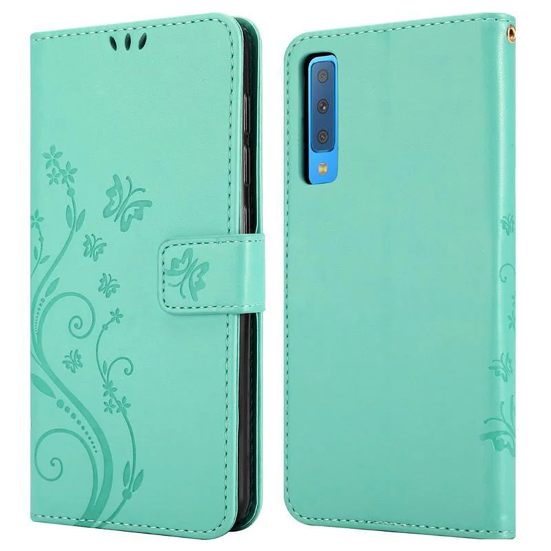 Cadorabo Hülle kompatibel mit Samsung Galaxy A7 2018 Schutzhülle im Blumen Design mit Magnetverschluss, Standfunktion und Kartenfächern
