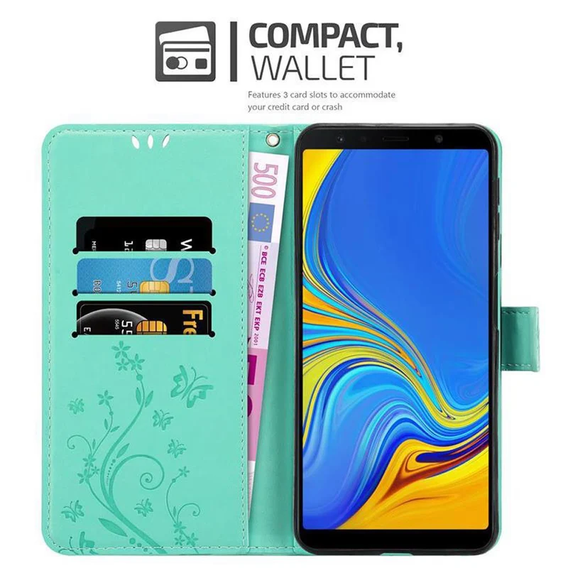 Cadorabo Hülle kompatibel mit Samsung Galaxy A7 2018 Schutzhülle im Blumen Design mit Magnetverschluss, Standfunktion und Kartenfächern