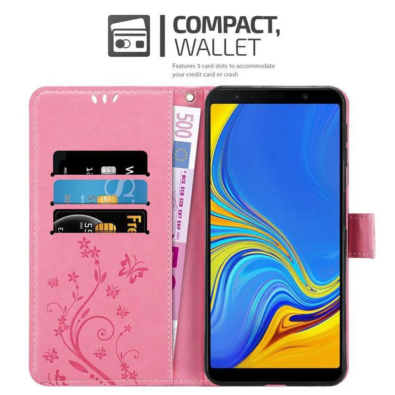 Cadorabo Hülle kompatibel mit Samsung Galaxy A7 2018 Schutzhülle im Blumen Design mit Magnetverschluss, Standfunktion und Kartenfächern
