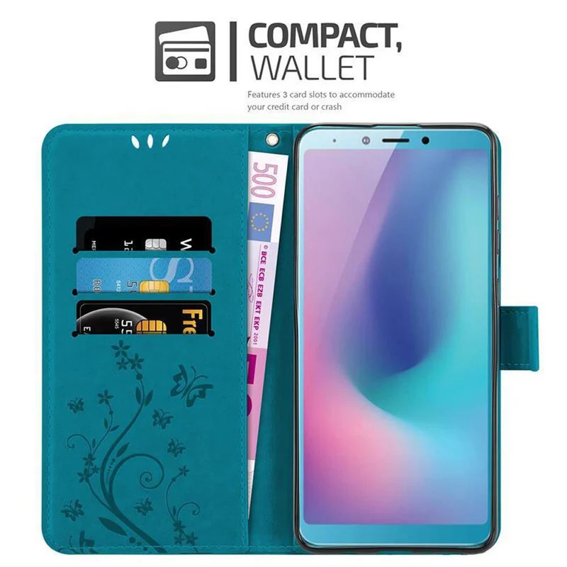Cadorabo Hülle kompatibel mit Samsung Galaxy A6s Schutzhülle im Blumen Design mit Magnetverschluss, Standfunktion und Kartenfächern