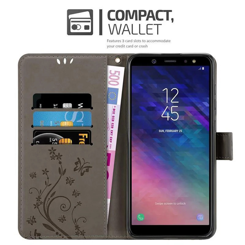 Cadorabo Hülle kompatibel mit Samsung Galaxy A6 2018 Schutzhülle im Blumen Design mit Magnetverschluss, Standfunktion und Kartenfächern