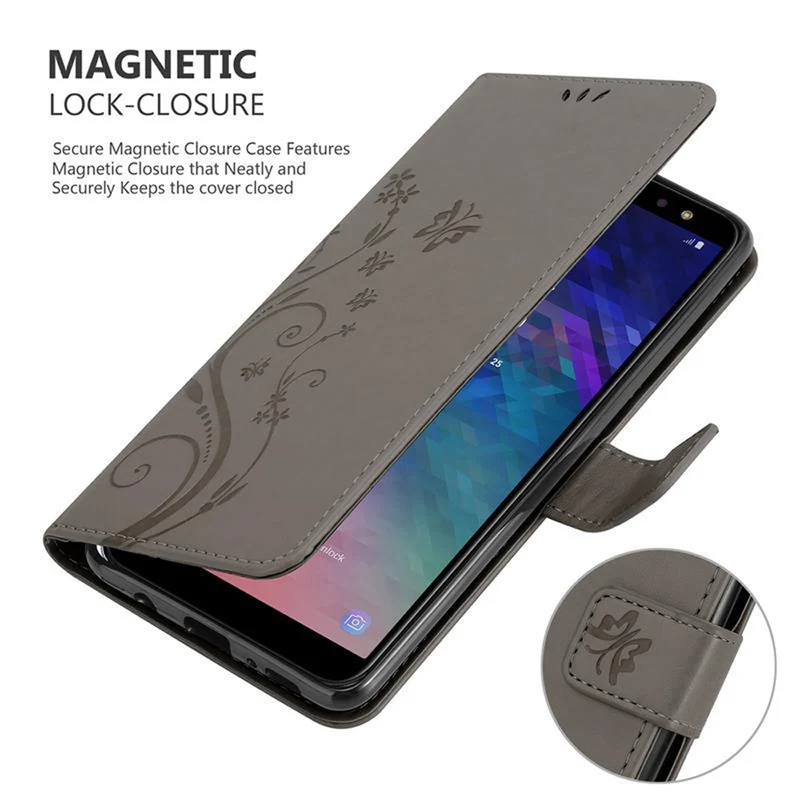 Cadorabo Hülle kompatibel mit Samsung Galaxy A6 2018 Schutzhülle im Blumen Design mit Magnetverschluss, Standfunktion und Kartenfächern