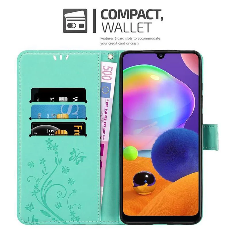 Cadorabo Hülle kompatibel mit Samsung Galaxy A31 Schutzhülle im Blumen Design mit Magnetverschluss, Standfunktion und Kartenfächern
