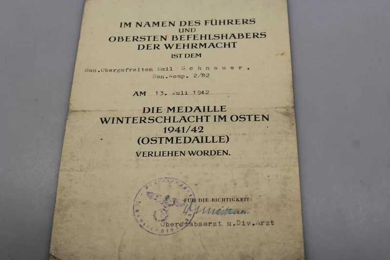Ostmedaille-Verleihungsurkunde 1941/42