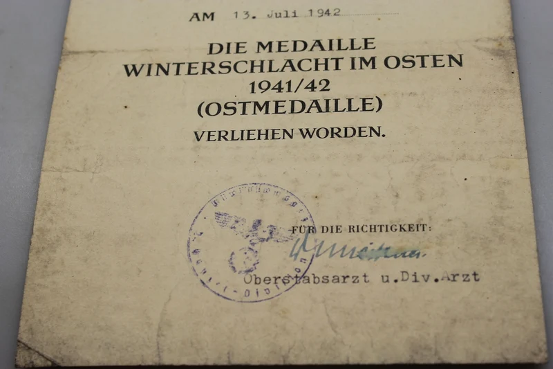 Ostmedaille-Verleihungsurkunde 1941/42