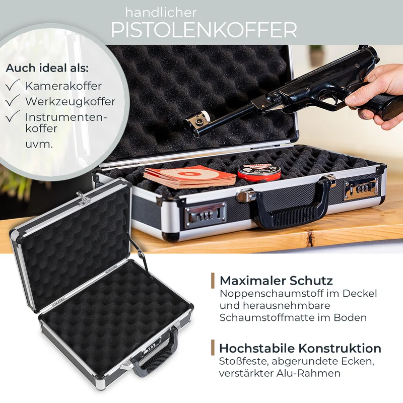 Alu Pistolenkoffer, Kurzwaffenkoffer, Zahlenschloss, Universalkoffer, HMF 14401