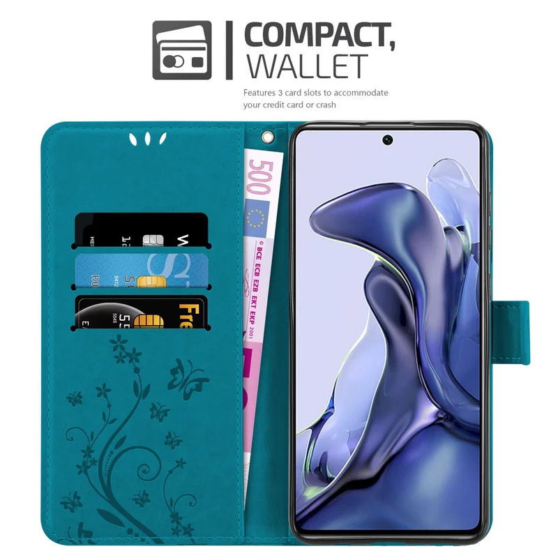 Cadorabo Hülle kompatibel mit Xiaomi 11T / 11T PRO Schutzhülle im Blumen Design mit Magnetverschluss, Standfunktion und Kartenfächern