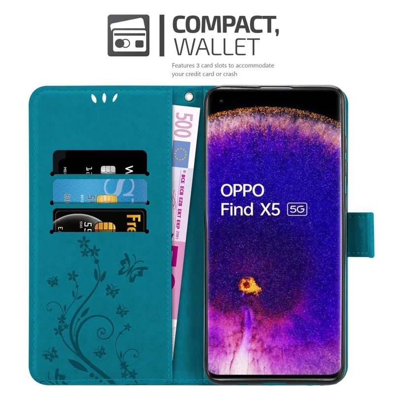 Cadorabo Hülle kompatibel mit Oppo FIND X5 Schutzhülle im Blumen Design mit Magnetverschluss, Standfunktion und Kartenfächern