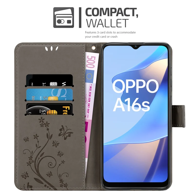 Cadorabo Hülle kompatibel mit Oppo A16s / A54s Schutzhülle im Blumen Design mit Magnetverschluss, Standfunktion und Kartenfächern