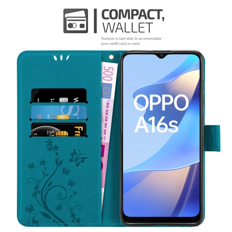 Cadorabo Hülle kompatibel mit Oppo A16s / A54s Schutzhülle im Blumen Design mit Magnetverschluss, Standfunktion und Kartenfächern