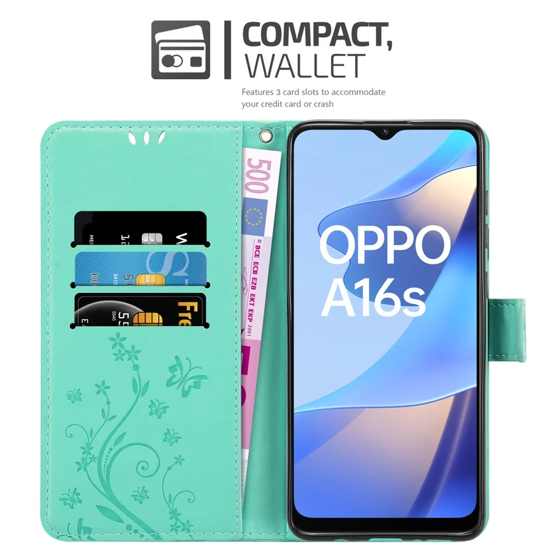 Cadorabo Hülle kompatibel mit Oppo A16s / A54s Schutzhülle im Blumen Design mit Magnetverschluss, Standfunktion und Kartenfächern