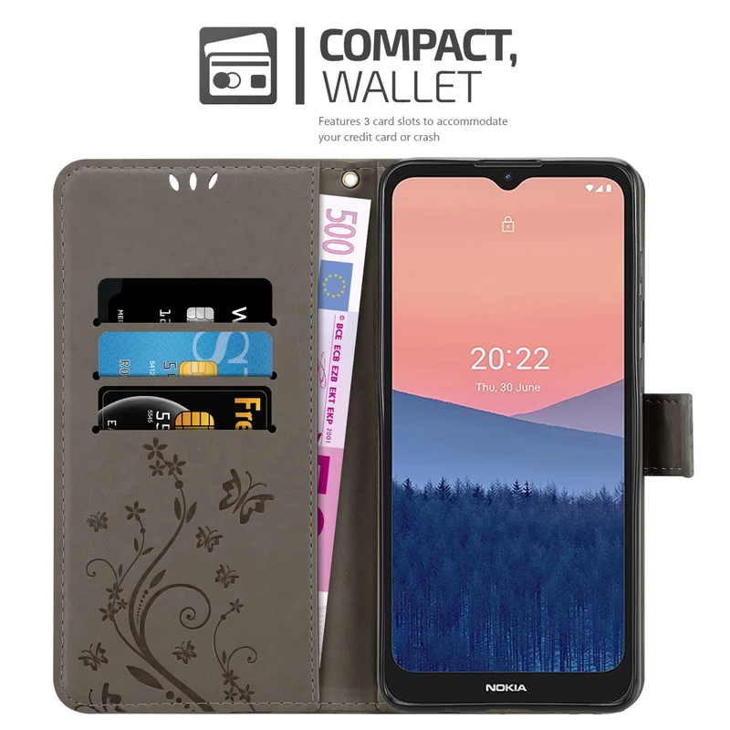 Cadorabo Hülle kompatibel mit Nokia C21 Schutzhülle im Blumen Design mit Magnetverschluss, Standfunktion und Kartenfächern