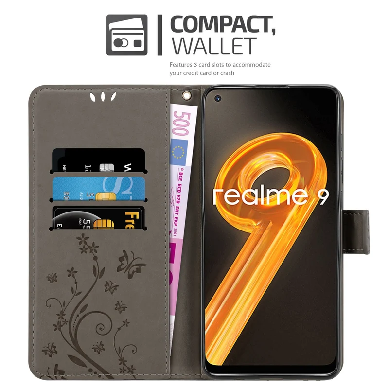 Cadorabo Hülle kompatibel mit Realme 9 4G / 9 PRO+ Schutzhülle im Blumen Design mit Magnetverschluss, Standfunktion und Kartenfächern