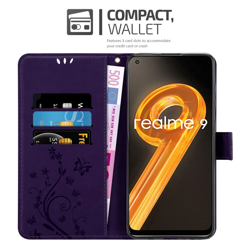Cadorabo Hülle kompatibel mit Realme 9 4G / 9 PRO+ Schutzhülle im Blumen Design mit Magnetverschluss, Standfunktion und Kartenfächern
