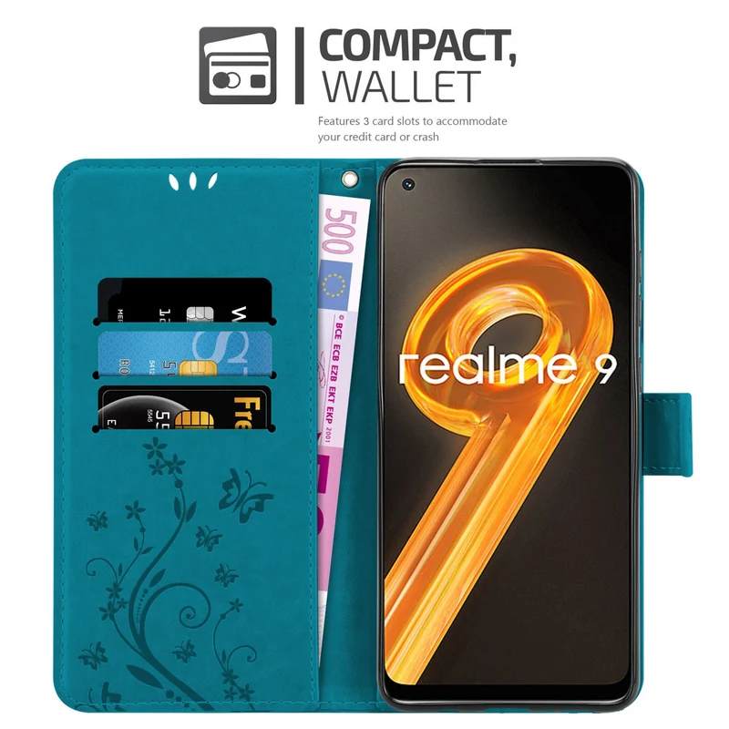 Cadorabo Hülle kompatibel mit Realme 9 4G / 9 PRO+ Schutzhülle im Blumen Design mit Magnetverschluss, Standfunktion und Kartenfächern