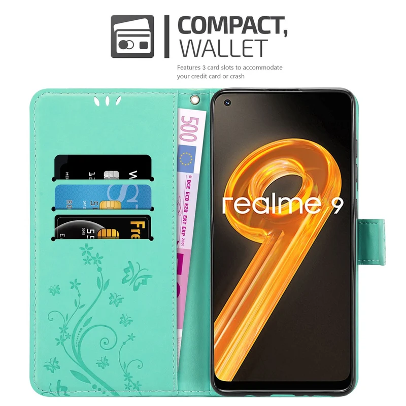 Cadorabo Hülle kompatibel mit Realme 9 4G / 9 PRO+ Schutzhülle im Blumen Design mit Magnetverschluss, Standfunktion und Kartenfächern