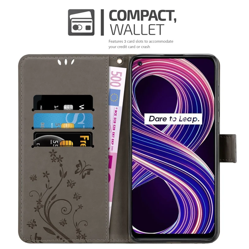 Cadorabo Hülle kompatibel mit Realme 8 5G / V13 / Q3 / Q3i / Narzo 30 5G Schutzhülle im Blumen Design mit Magnetverschluss, Standfunktion und Kartenfächern