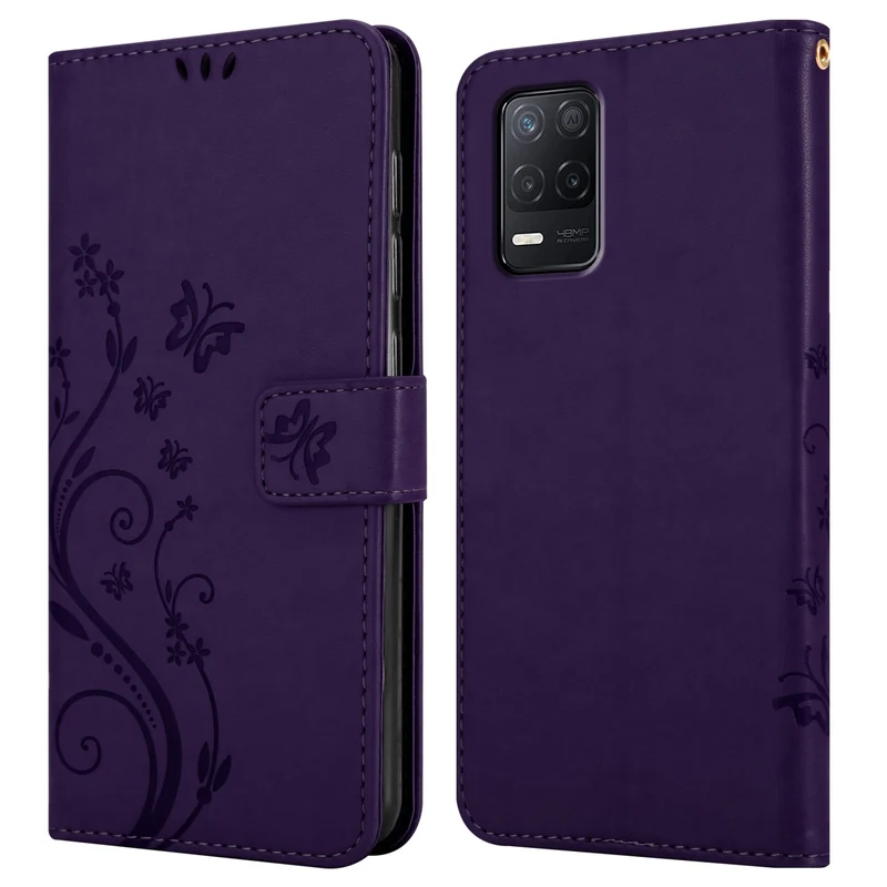 Cadorabo Hülle kompatibel mit Realme 8 5G / V13 / Q3 / Q3i / Narzo 30 5G Schutzhülle im Blumen Design mit Magnetverschluss, Standfunktion und Kartenfächern