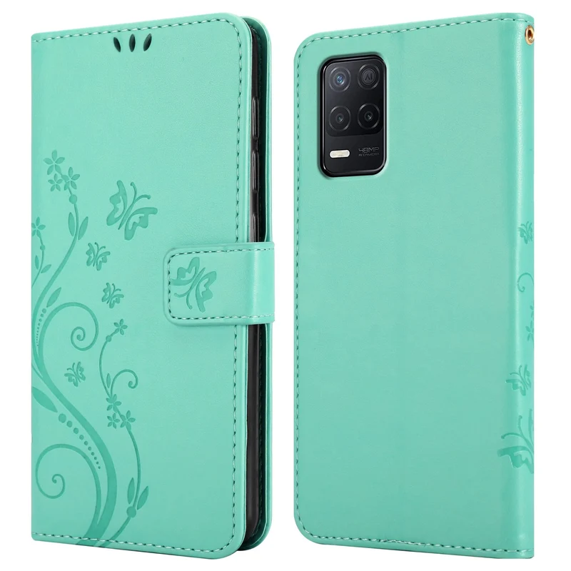 Cadorabo Hülle kompatibel mit Realme 8 5G / V13 / Q3 / Q3i / Narzo 30 5G Schutzhülle im Blumen Design mit Magnetverschluss, Standfunktion und Kartenfächern