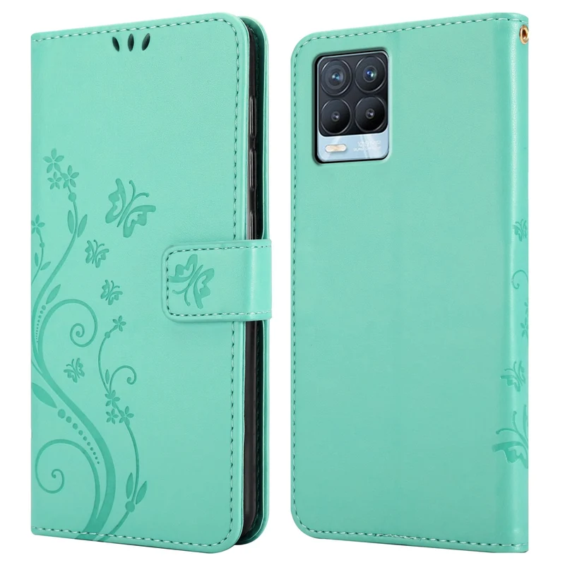 Cadorabo Hülle kompatibel mit Realme 8 4G / 8 PRO Schutzhülle im Blumen Design mit Magnetverschluss, Standfunktion und Kartenfächern