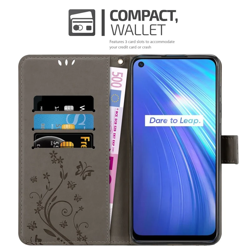 Cadorabo Hülle kompatibel mit Realme 6 4G / 6s Schutzhülle im Blumen Design mit Magnetverschluss, Standfunktion und Kartenfächern