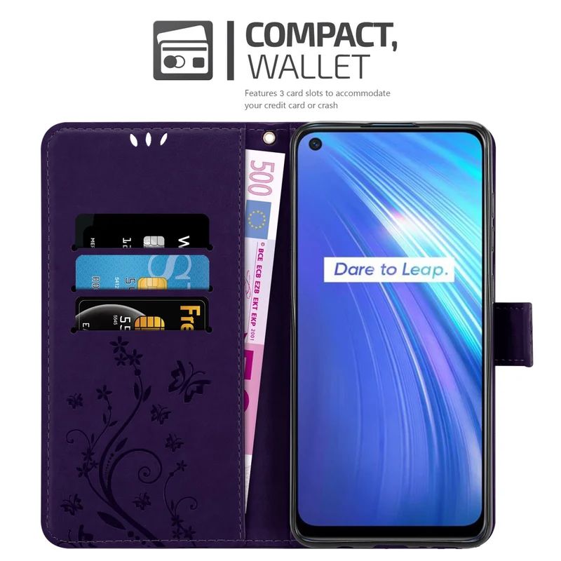 Cadorabo Hülle kompatibel mit Realme 6 4G / 6s Schutzhülle im Blumen Design mit Magnetverschluss, Standfunktion und Kartenfächern