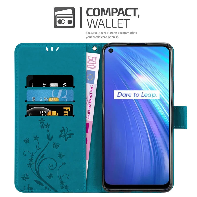 Cadorabo Hülle kompatibel mit Realme 6 4G / 6s Schutzhülle im Blumen Design mit Magnetverschluss, Standfunktion und Kartenfächern