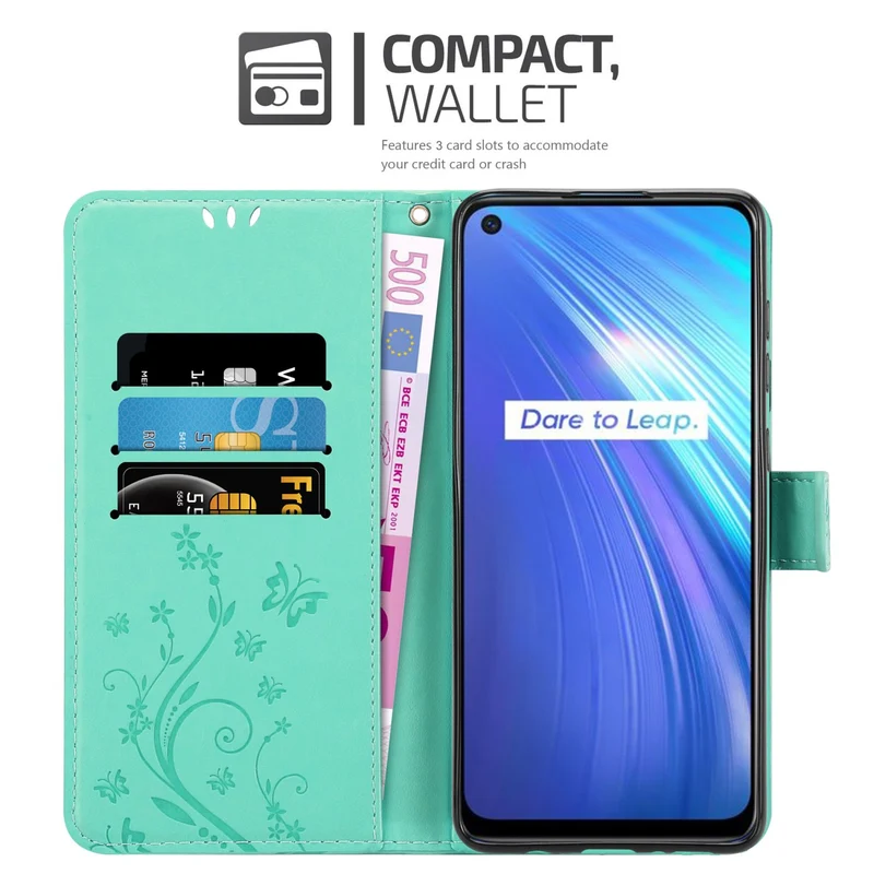 Cadorabo Hülle kompatibel mit Realme 6 4G / 6s Schutzhülle im Blumen Design mit Magnetverschluss, Standfunktion und Kartenfächern
