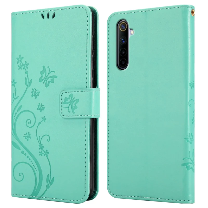 Cadorabo Hülle kompatibel mit Realme 6 4G / 6s Schutzhülle im Blumen Design mit Magnetverschluss, Standfunktion und Kartenfächern