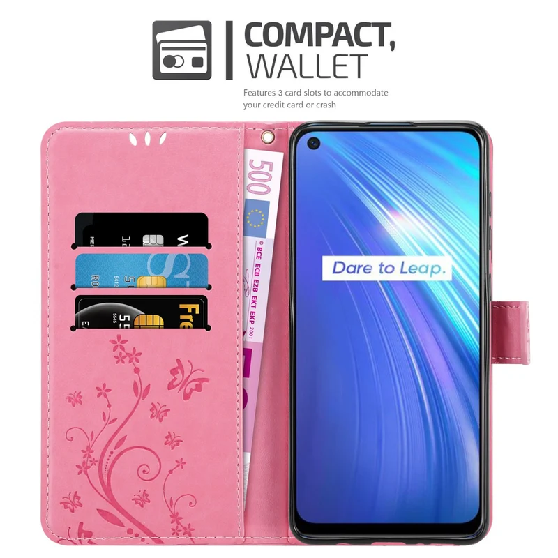 Cadorabo Hülle kompatibel mit Realme 6 4G / 6s Schutzhülle im Blumen Design mit Magnetverschluss, Standfunktion und Kartenfächern