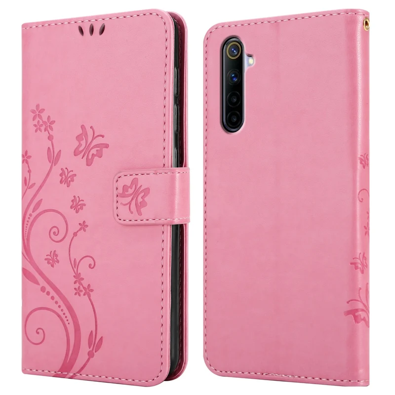 Cadorabo Hülle kompatibel mit Realme 6 4G / 6s Schutzhülle im Blumen Design mit Magnetverschluss, Standfunktion und Kartenfächern