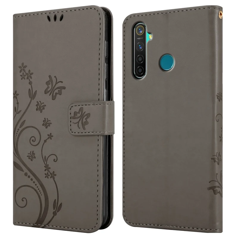 Cadorabo Hülle kompatibel mit Realme 5 PRO / Realme Q Schutzhülle im Blumen Design mit Magnetverschluss, Standfunktion und Kartenfächern
