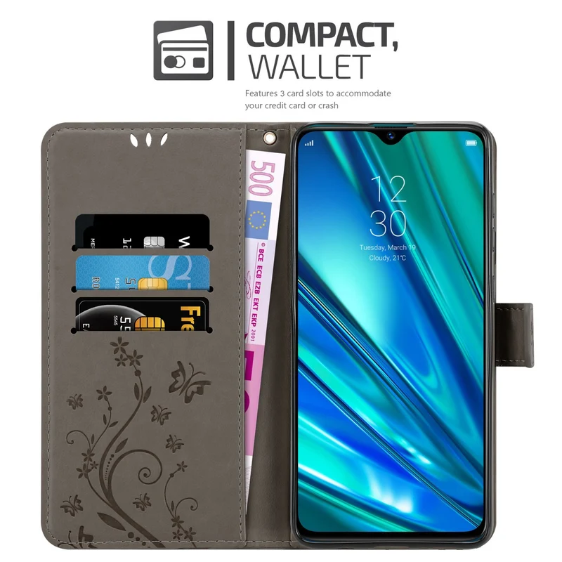 Cadorabo Hülle kompatibel mit Realme 5 PRO / Realme Q Schutzhülle im Blumen Design mit Magnetverschluss, Standfunktion und Kartenfächern