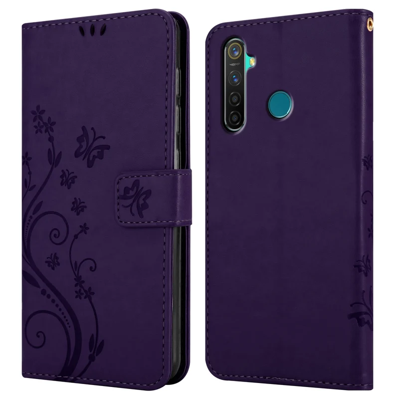 Cadorabo Hülle kompatibel mit Realme 5 PRO / Realme Q Schutzhülle im Blumen Design mit Magnetverschluss, Standfunktion und Kartenfächern