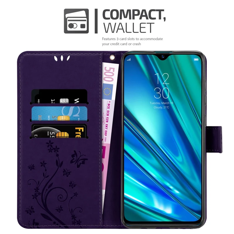 Cadorabo Hülle kompatibel mit Realme 5 PRO / Realme Q Schutzhülle im Blumen Design mit Magnetverschluss, Standfunktion und Kartenfächern