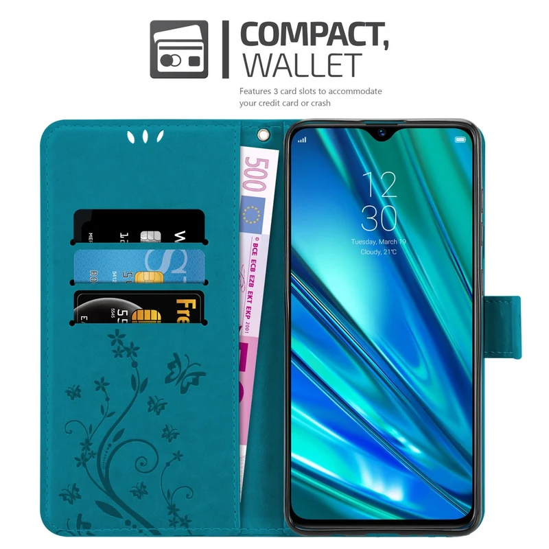 Cadorabo Hülle kompatibel mit Realme 5 PRO / Realme Q Schutzhülle im Blumen Design mit Magnetverschluss, Standfunktion und Kartenfächern