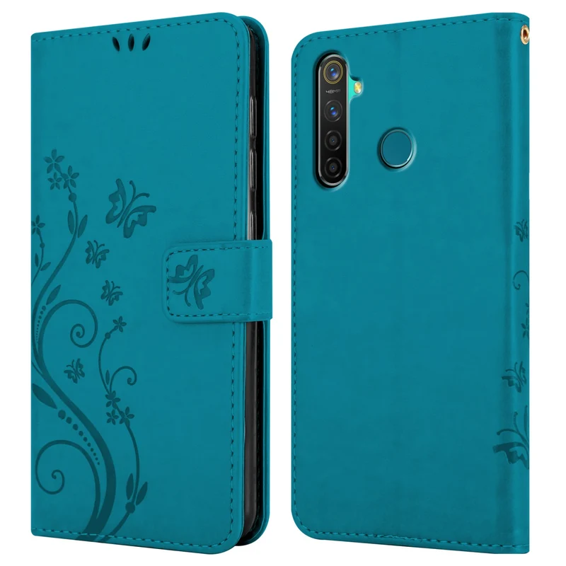 Cadorabo Hülle kompatibel mit Realme 5 PRO / Realme Q Schutzhülle im Blumen Design mit Magnetverschluss, Standfunktion und Kartenfächern