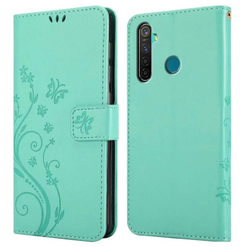 Cadorabo Hülle kompatibel mit Realme 5 PRO / Realme Q Schutzhülle im Blumen Design mit Magnetverschluss, Standfunktion und Kartenfächern