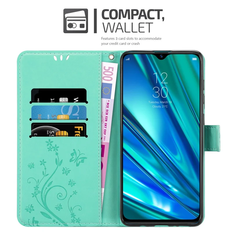 Cadorabo Hülle kompatibel mit Realme 5 PRO / Realme Q Schutzhülle im Blumen Design mit Magnetverschluss, Standfunktion und Kartenfächern