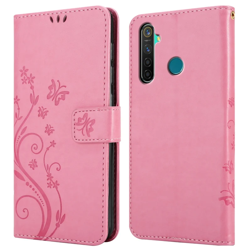 Cadorabo Hülle kompatibel mit Realme 5 PRO / Realme Q Schutzhülle im Blumen Design mit Magnetverschluss, Standfunktion und Kartenfächern