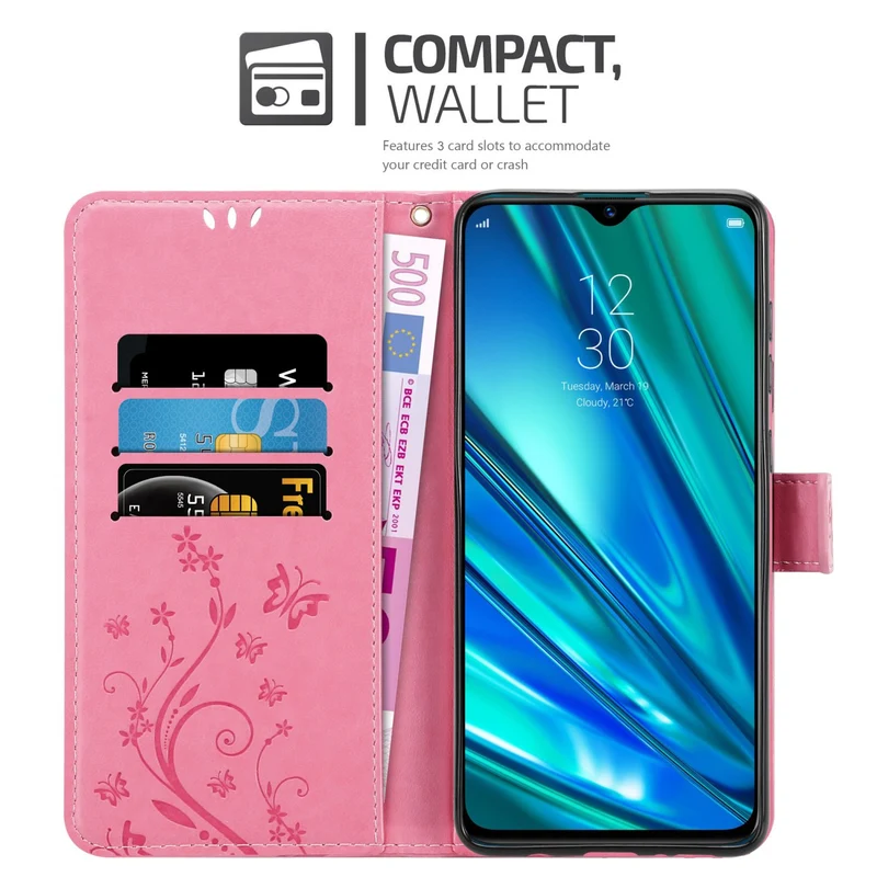 Cadorabo Hülle kompatibel mit Realme 5 PRO / Realme Q Schutzhülle im Blumen Design mit Magnetverschluss, Standfunktion und Kartenfächern