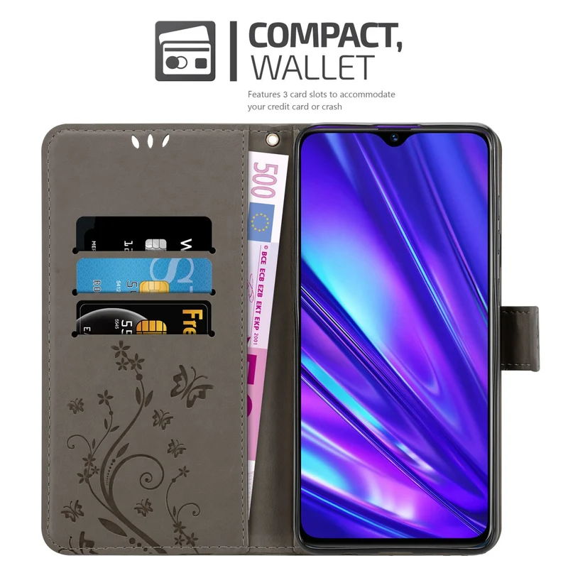 Cadorabo Hülle kompatibel mit Realme 5 / 5i / 6i / C3 Schutzhülle im Blumen Design mit Magnetverschluss, Standfunktion und Kartenfächern