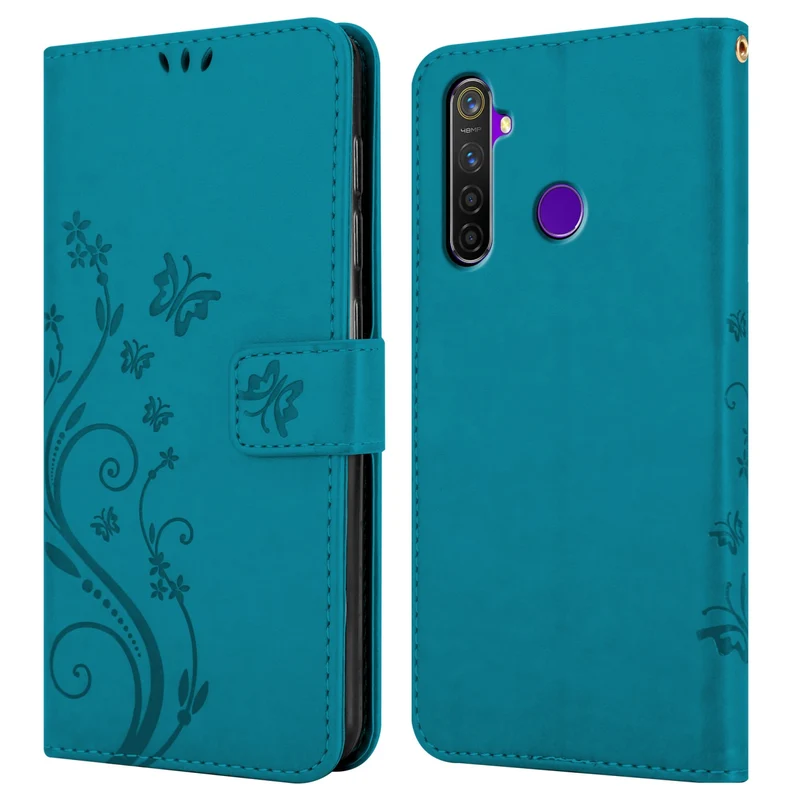 Cadorabo Hülle kompatibel mit Realme 5 / 5i / 6i / C3 Schutzhülle im Blumen Design mit Magnetverschluss, Standfunktion und Kartenfächern