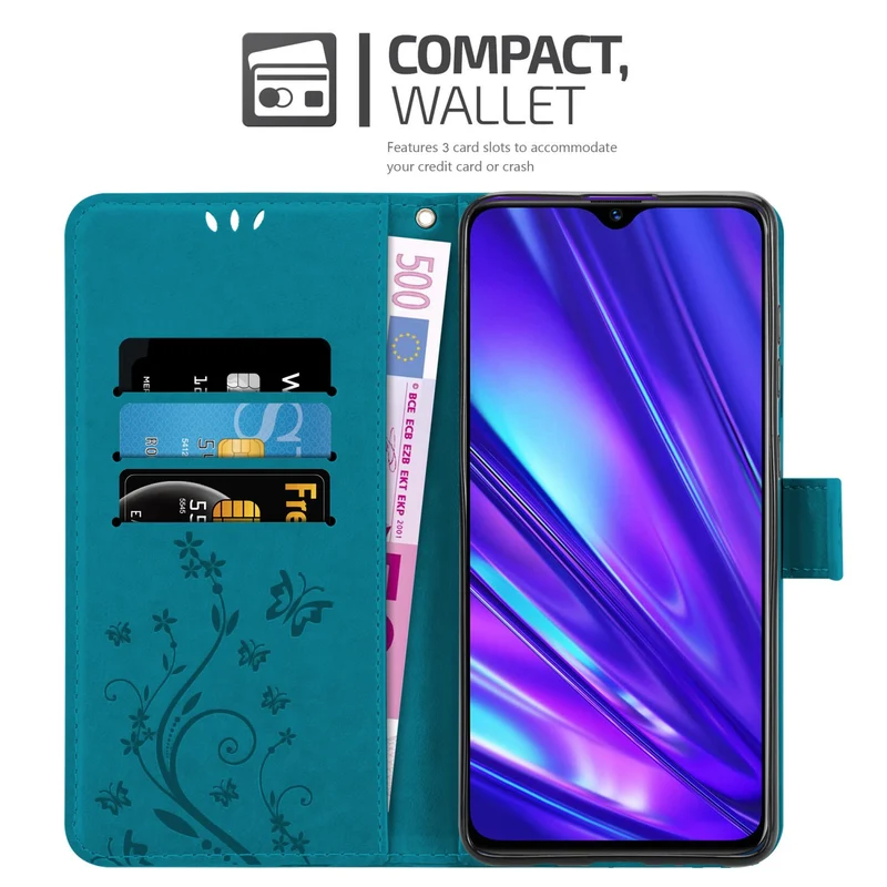 Cadorabo Hülle kompatibel mit Realme 5 / 5i / 6i / C3 Schutzhülle im Blumen Design mit Magnetverschluss, Standfunktion und Kartenfächern