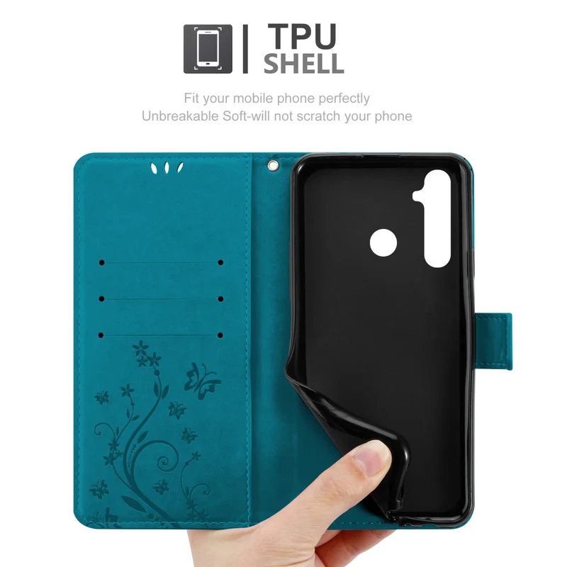 Cadorabo Hülle kompatibel mit Realme 5 / 5i / 6i / C3 Schutzhülle im Blumen Design mit Magnetverschluss, Standfunktion und Kartenfächern
