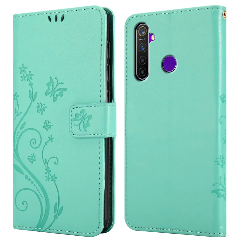 Cadorabo Hülle kompatibel mit Realme 5 / 5i / 6i / C3 Schutzhülle im Blumen Design mit Magnetverschluss, Standfunktion und Kartenfächern